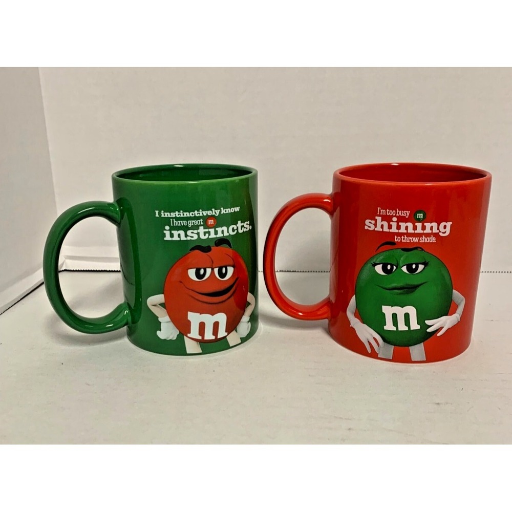 M&M's Red & Green Coffee/ Tea Mug "Instincts and Shining" Novelty 12 oz Lot of 2
